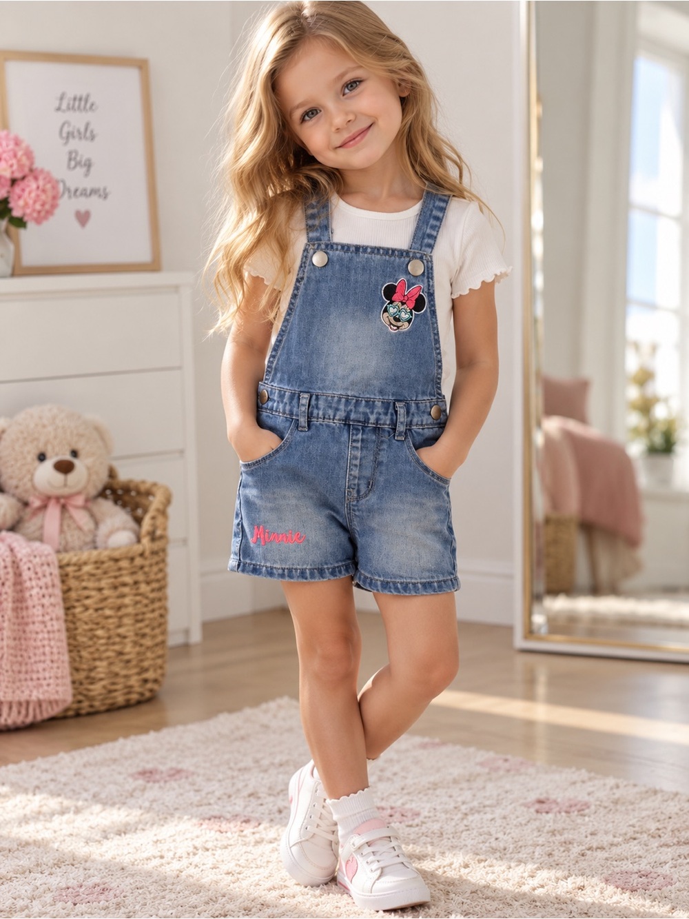 Primark Girls' Denim Shortall with Pink Minnie Accent